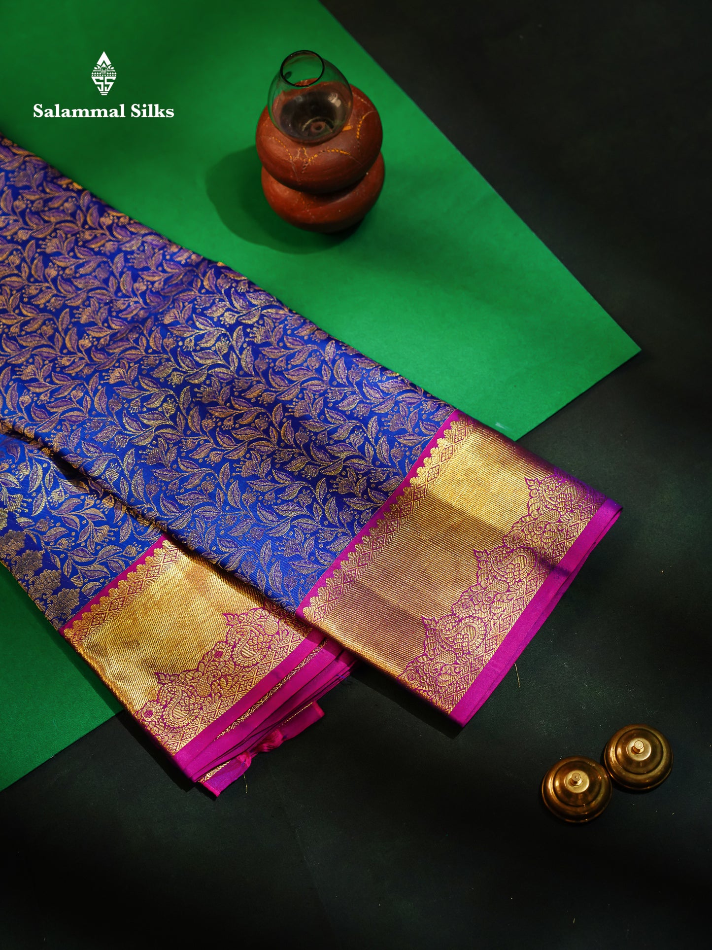 Dual Tone Royal Blue Bridal Pure Kanjivaram Silk Saree With Contrast Magenta Border