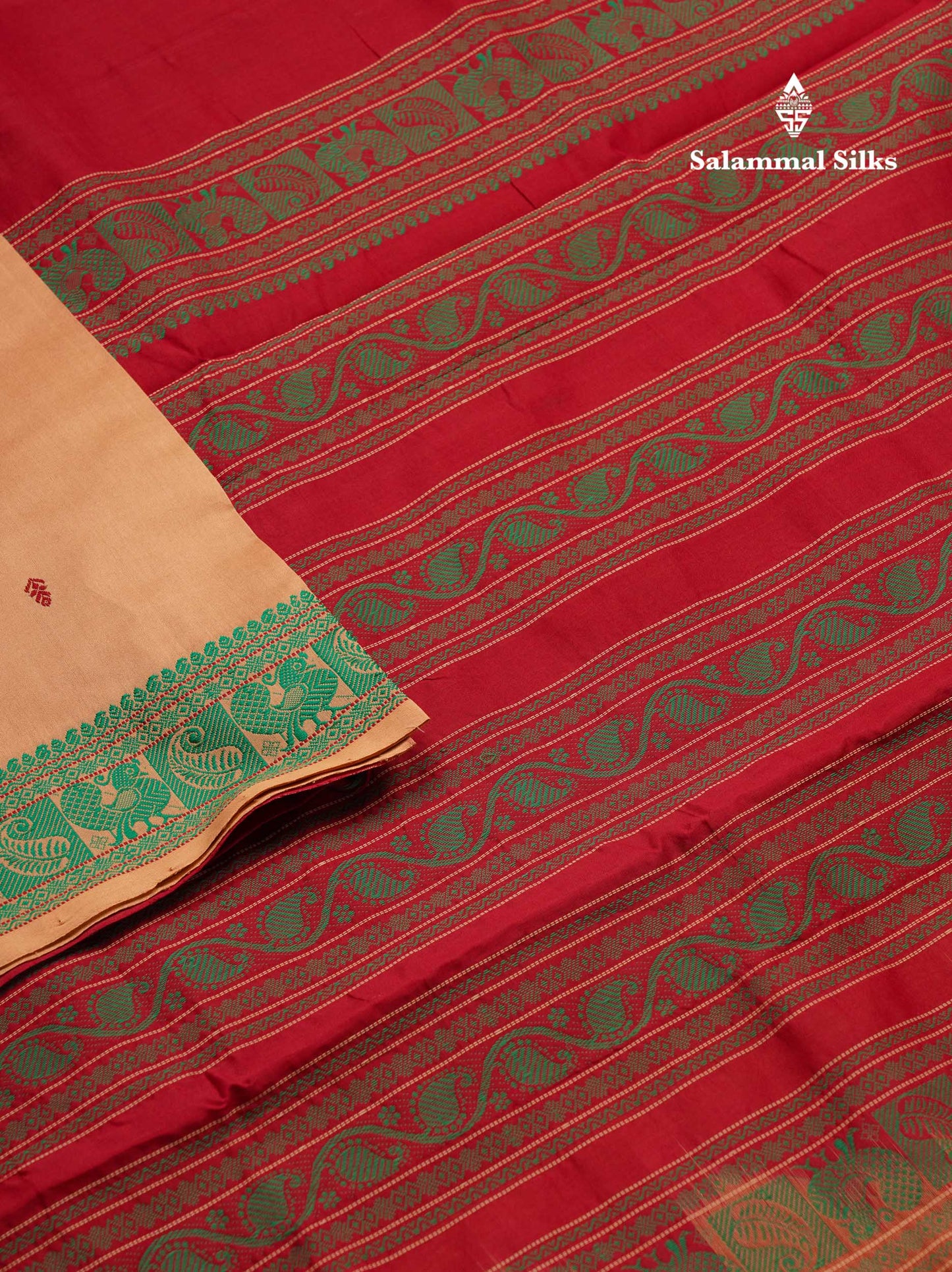 Beautiful Peach Thread Work Semi Silk Cotton Saree With Green Thread Work Border