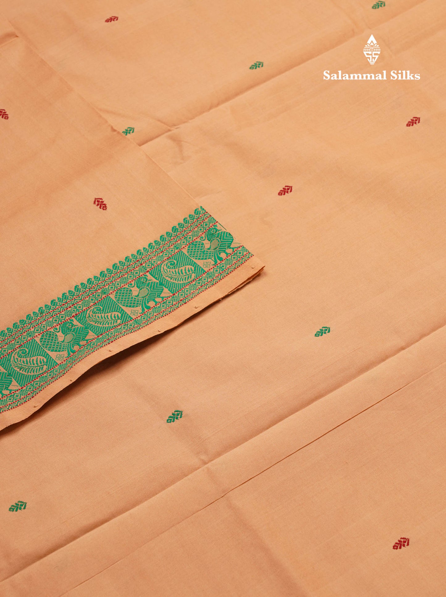Beautiful Peach Thread Work Semi Silk Cotton Saree With Green Thread Work Border