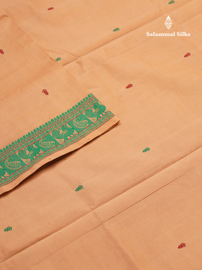 Beautiful Peach Thread Work Semi Silk Cotton Saree With Green Thread Work Border