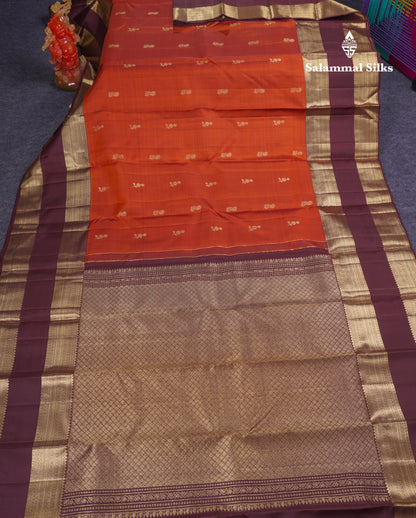 Beautiful Rust Orange Pure Kanjivaram Silk Saree With Contrast Brown Rettapet Traditional Border