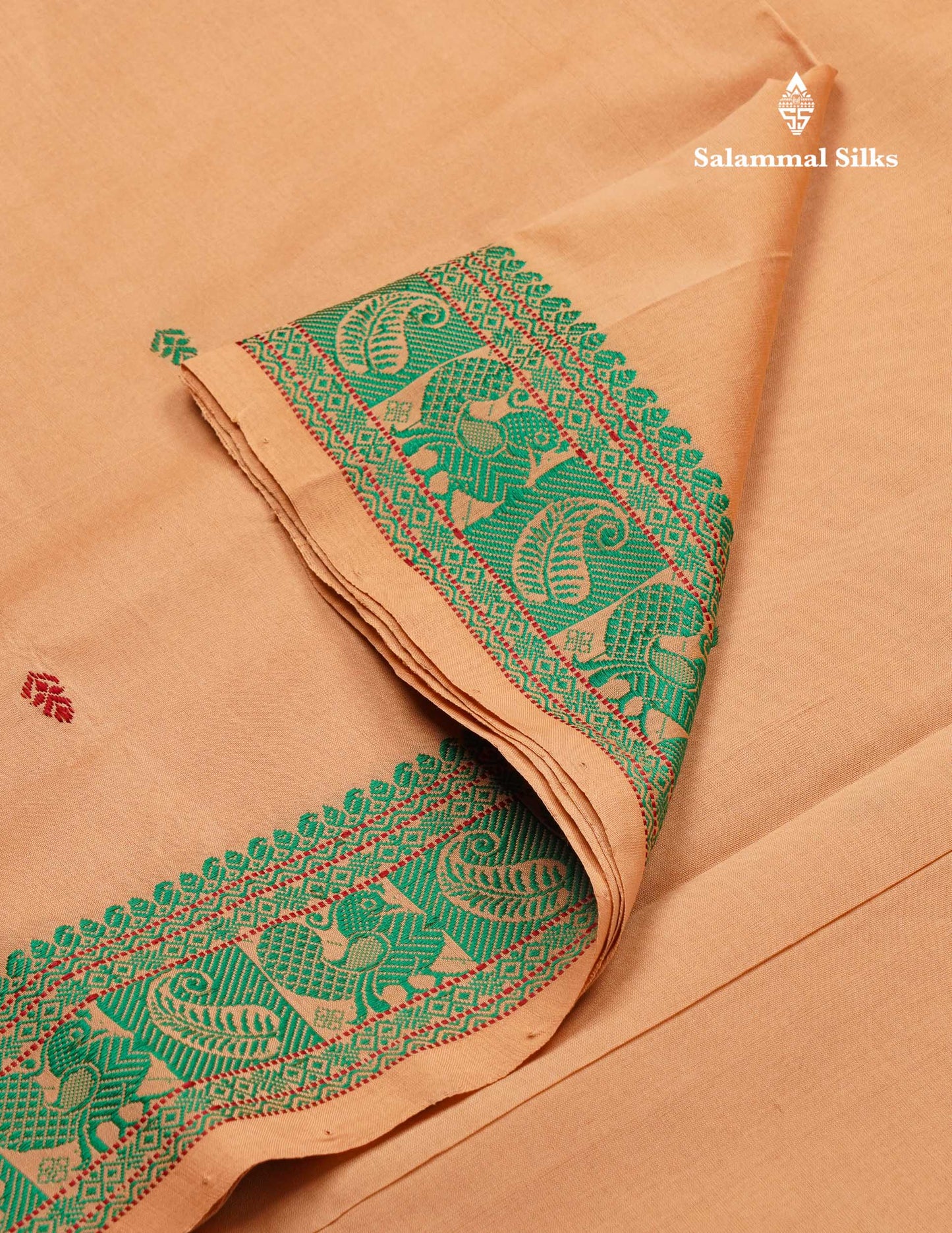 Beautiful Peach Thread Work Semi Silk Cotton Saree With Green Thread Work Border