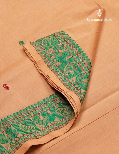 Beautiful Peach Thread Work Semi Silk Cotton Saree With Green Thread Work Border