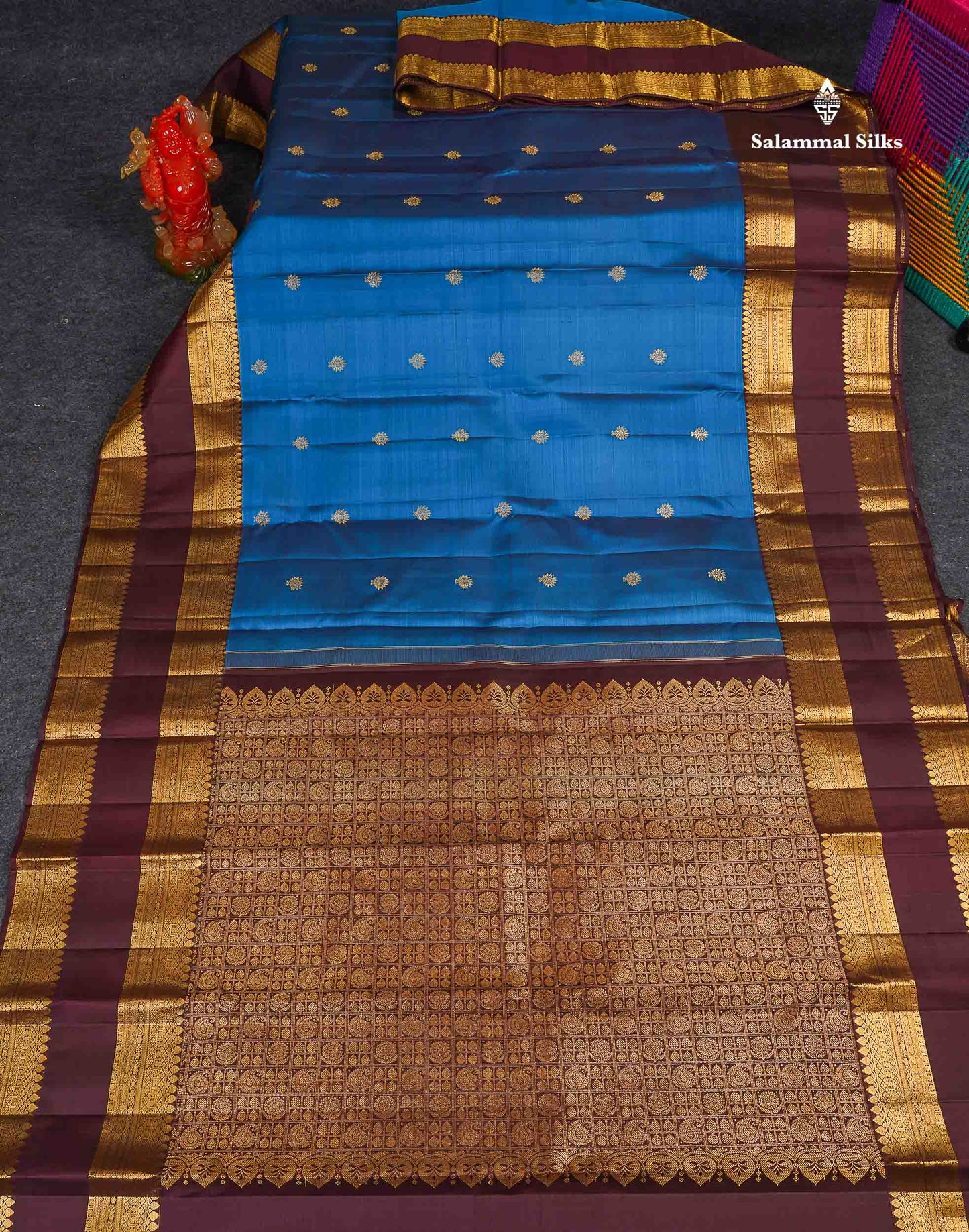 Pure Kanjivaram Silk Saree - Blue Colour Body Butta With Contrast Dark Brown Traditional Gap Border