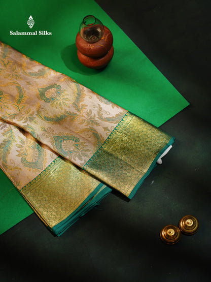Beautiful Cream Sandal Bridal Pure Kanjivaram Silk Saree With Contrast Sapphire Green Traditional Border