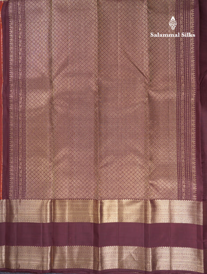 Beautiful Rust Orange Pure Kanjivaram Silk Saree With Contrast Brown Rettapet Traditional Border