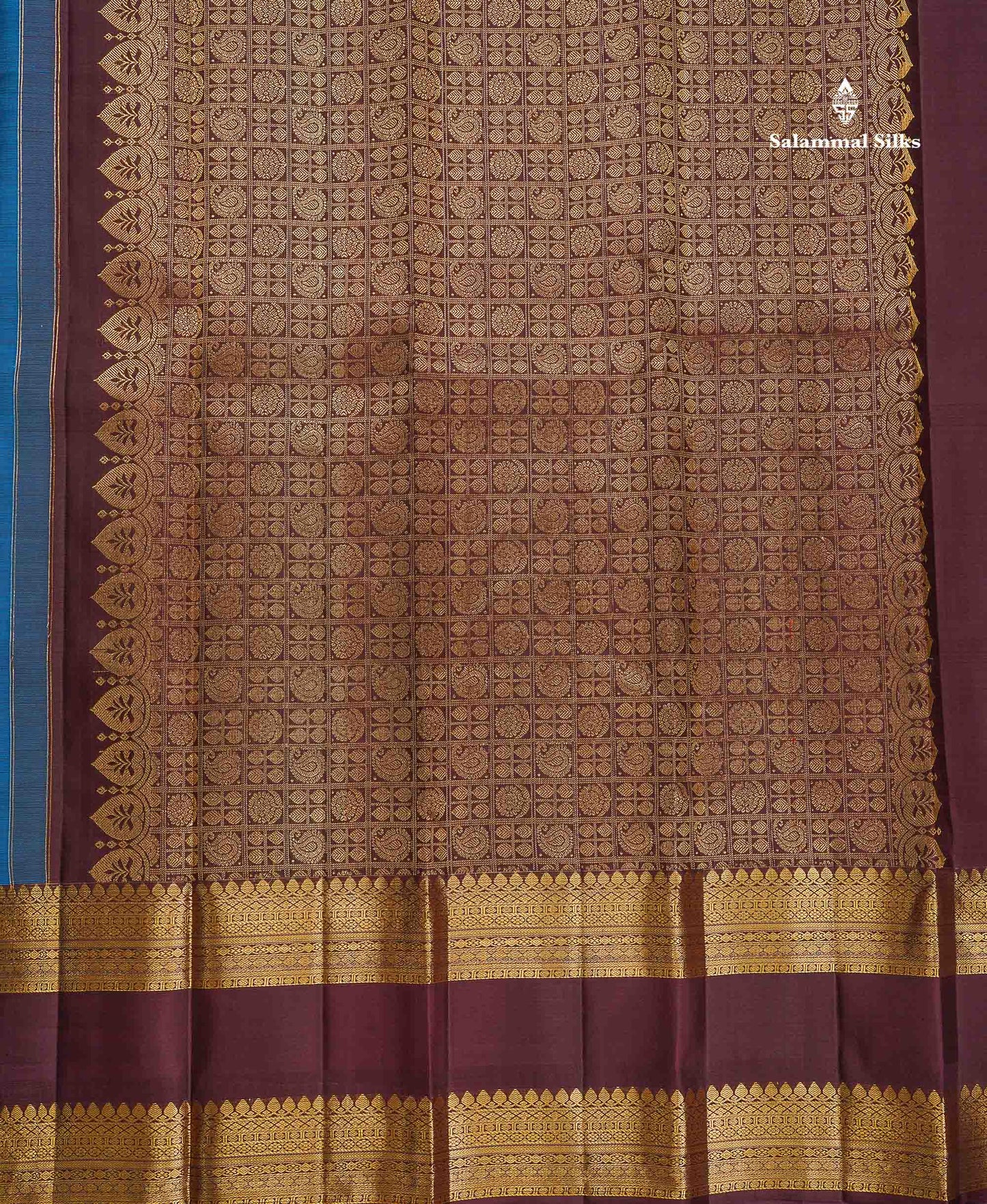 Pure Kanjivaram Silk Saree - Blue Colour Body Butta With Contrast Dark Brown Traditional Gap Border