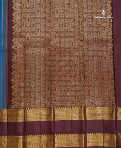 Pure Kanjivaram Silk Saree - Blue Colour Body Butta With Contrast Dark Brown Traditional Gap Border
