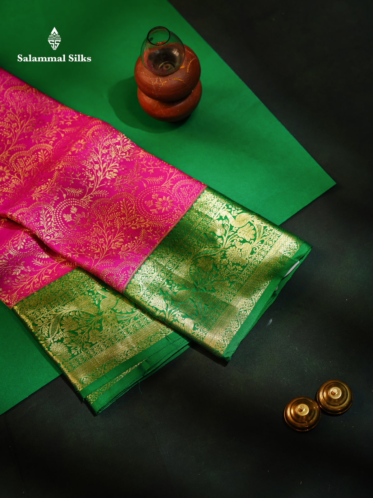 Beautiful Magenta Pink Bridal Pure Kanjivaram Silk Saree With Contrast Green Traditional Border