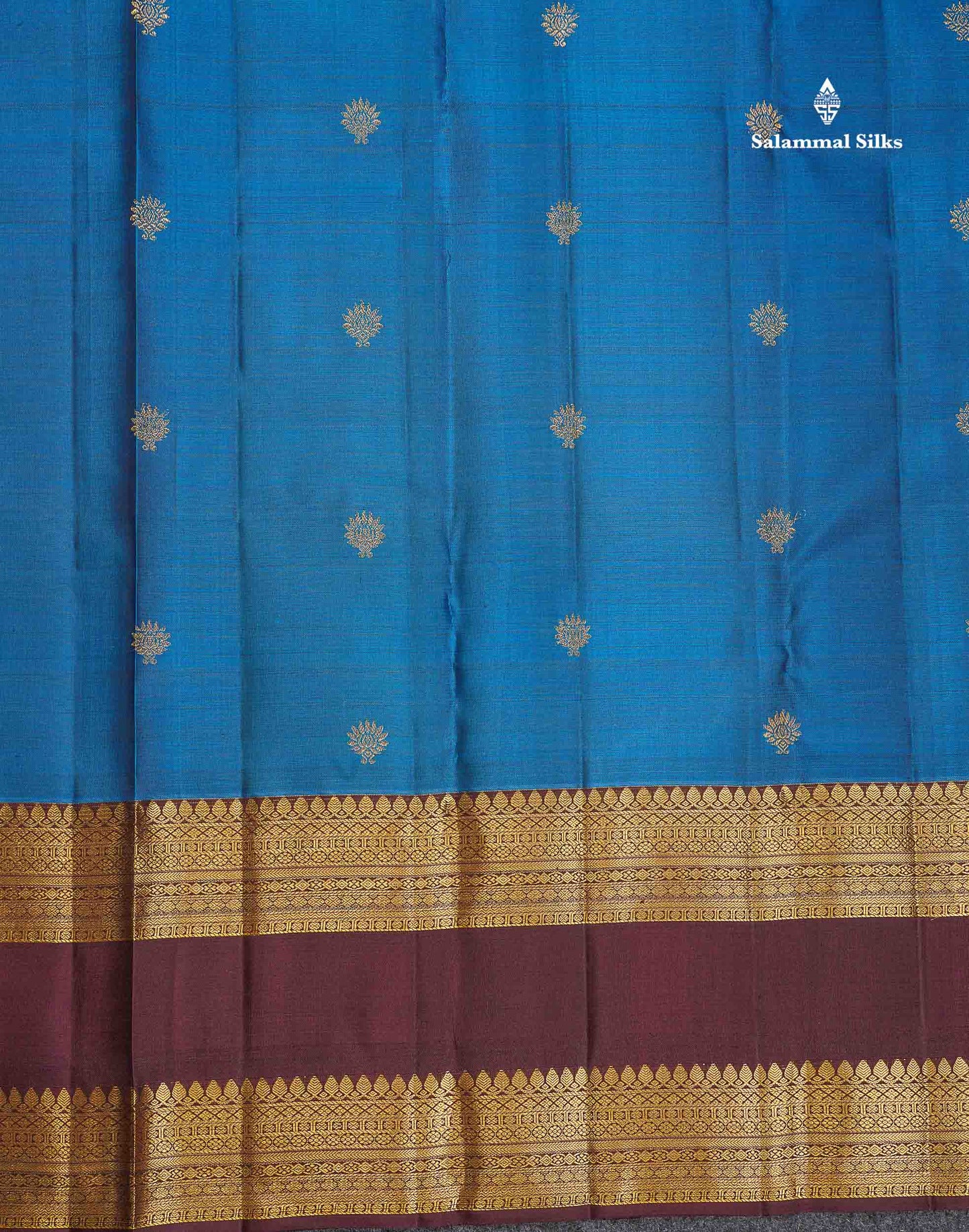 Pure Kanjivaram Silk Saree - Blue Colour Body Butta With Contrast Dark Brown Traditional Gap Border