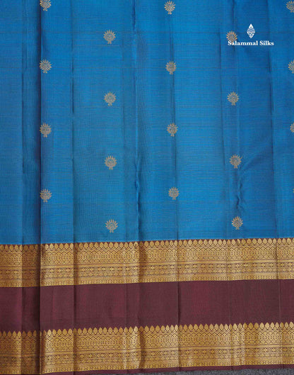 Pure Kanjivaram Silk Saree - Blue Colour Body Butta With Contrast Dark Brown Traditional Gap Border