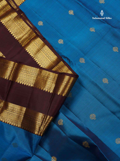 Pure Kanjivaram Silk Saree - Blue Colour Body Butta With Contrast Dark Brown Traditional Gap Border