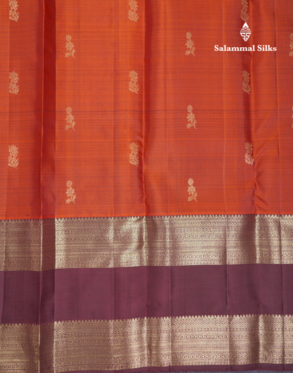 Beautiful Rust Orange Pure Kanjivaram Silk Saree With Contrast Brown Rettapet Traditional Border