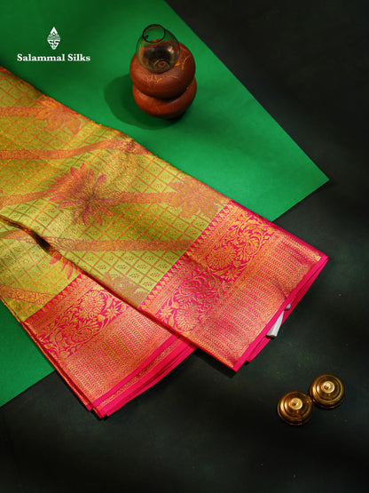 Green Beautiful Meenakari Work Grand Bridal Pure Kanjivaram Silk Saree With Pink Border