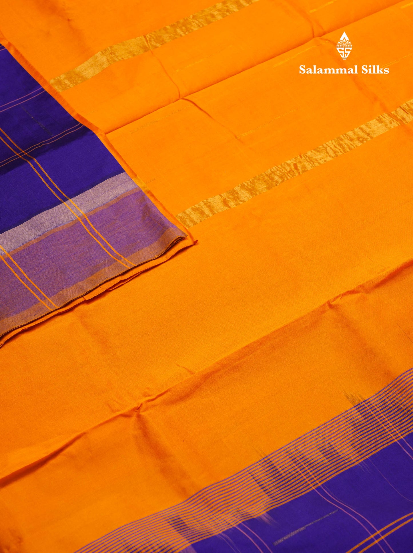 Beautiful Royal Blue Checks And Rain Drops Buttas Semi Silk Cotton Saree With Mango Yellow Border