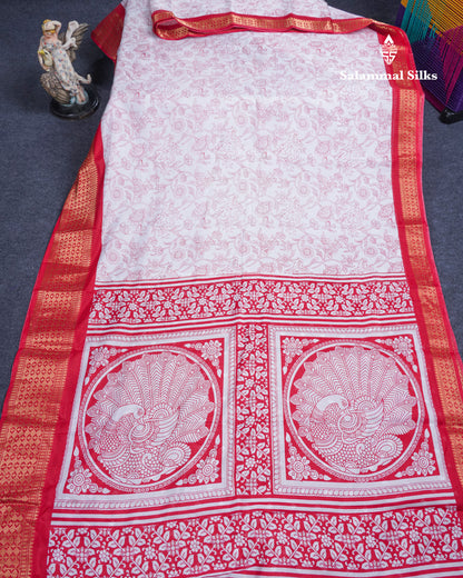 Beautiful White Printed Mahu Silk Fancy Saree With Contrast Chilly Red Border