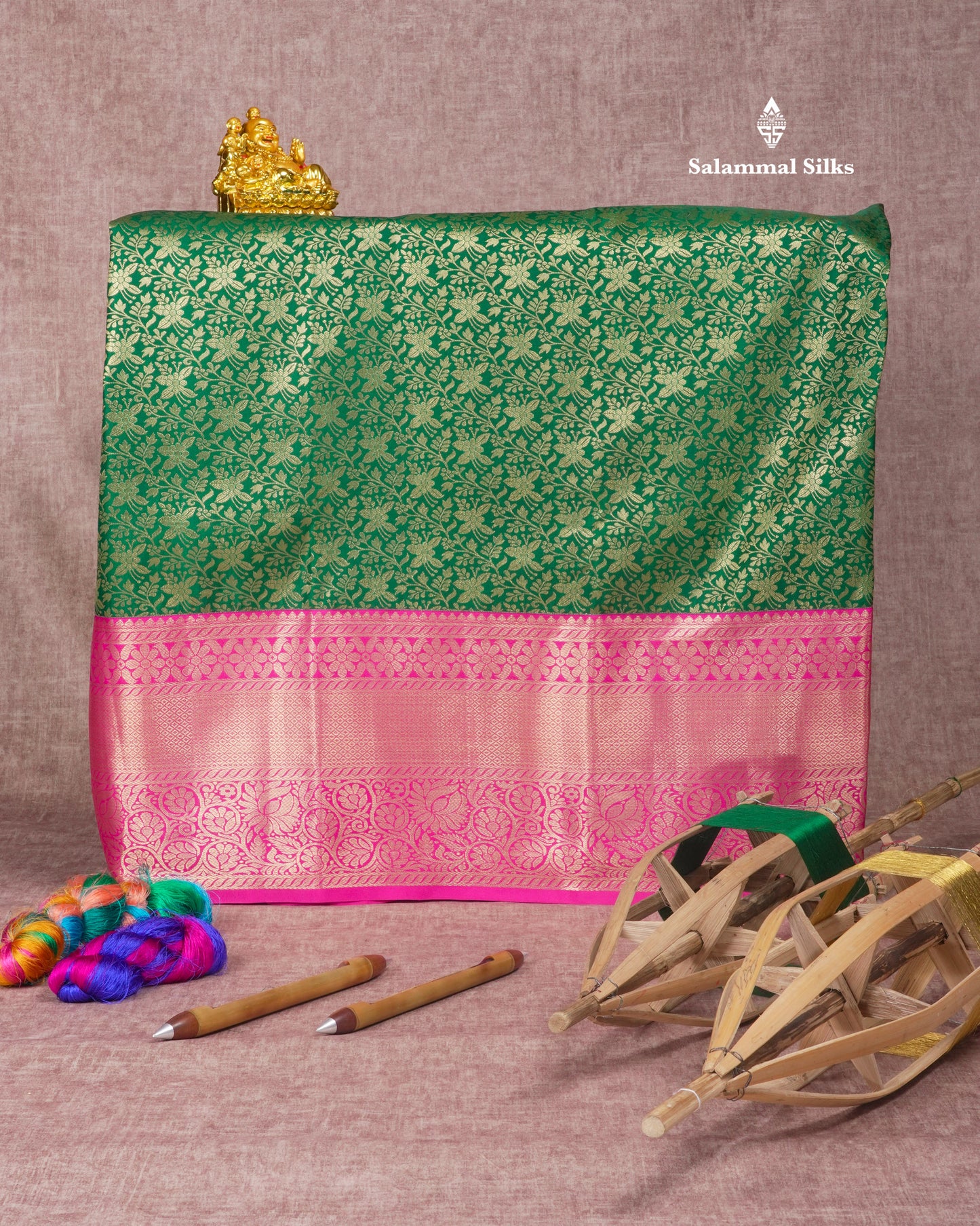 Semi Silk Pattu Pavadai (Bottle Green) With Pink Blouse 45 "