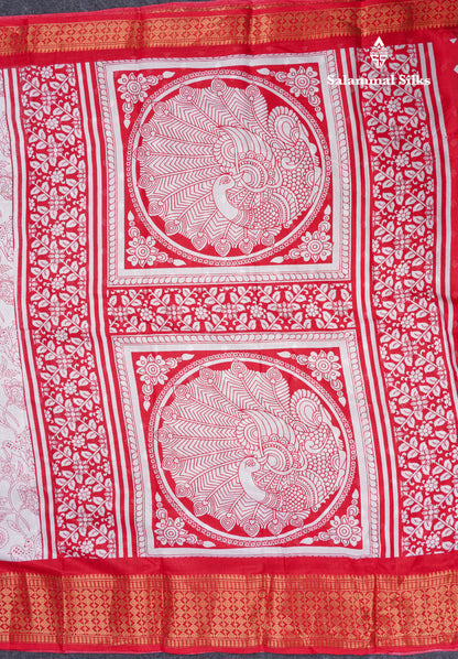 Beautiful White Printed Mahu Silk Fancy Saree With Contrast Chilly Red Border