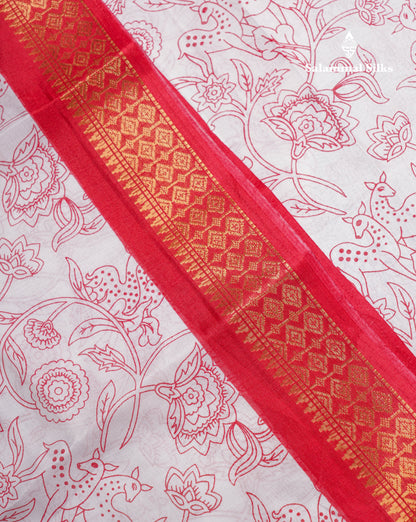 Beautiful White Printed Mahu Silk Fancy Saree With Contrast Chilly Red Border
