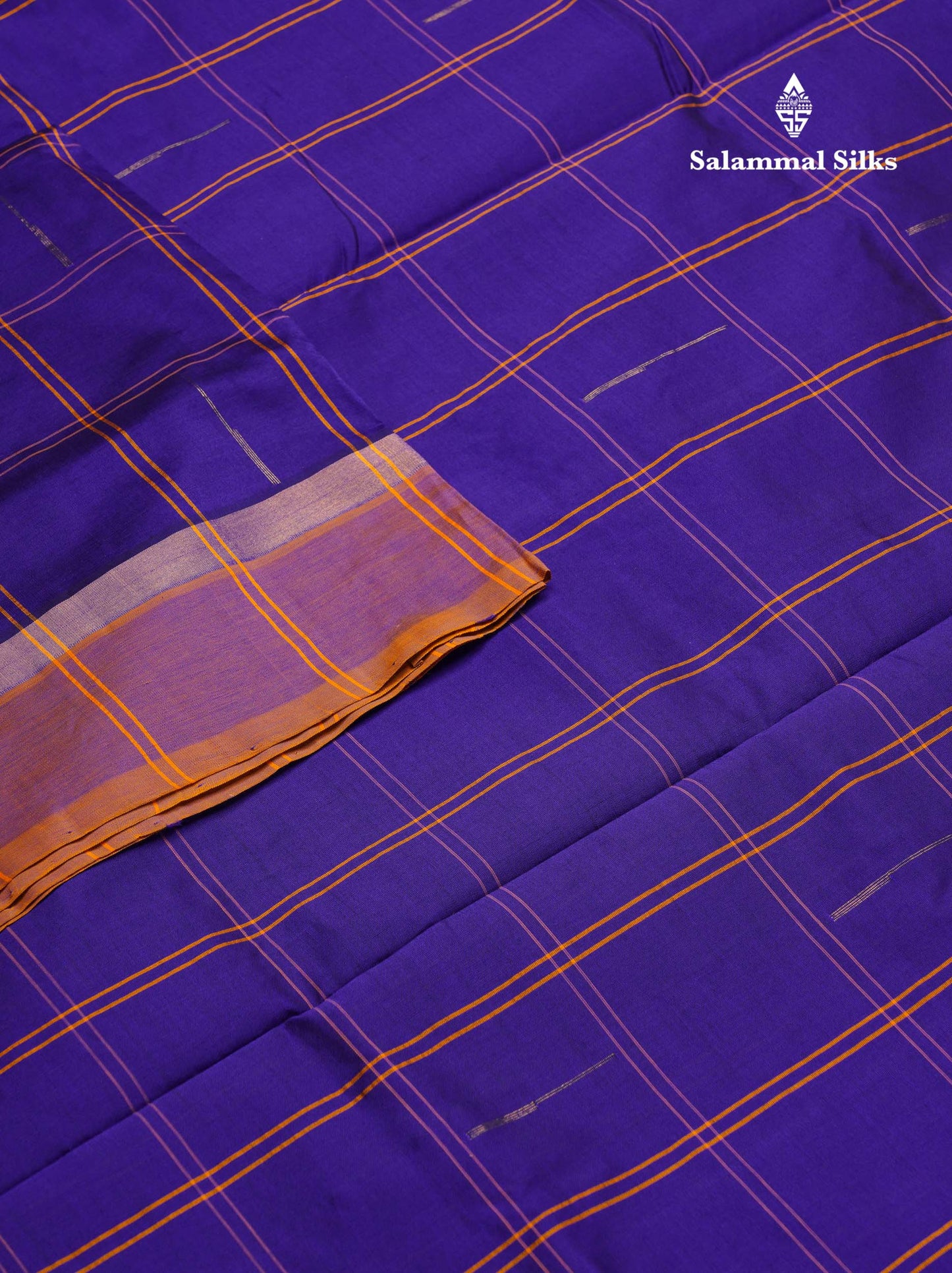 Beautiful Royal Blue Checks And Rain Drops Buttas Semi Silk Cotton Saree With Mango Yellow Border