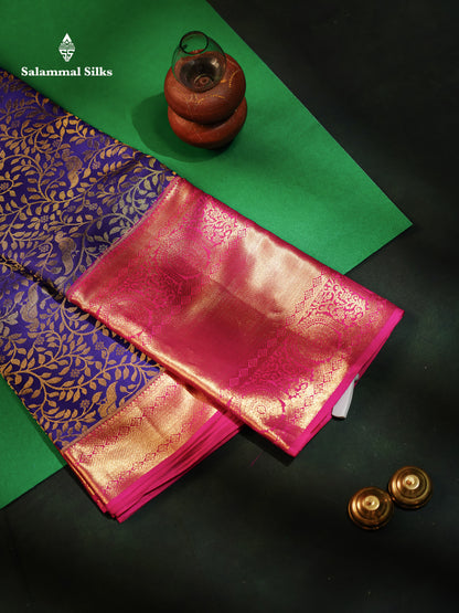 Beautiful Navy Blue Bridal Pure Kanjivaram Silk Saree With Contrast Pink Traditional Evening Morning Border