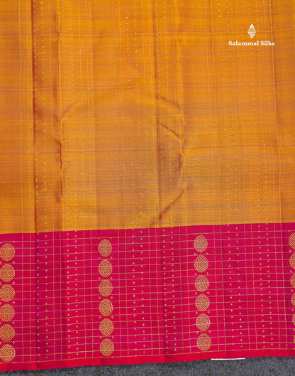 Pure Kanjivaram Silk Saree - Dual Tone Mustard yellow Colour Body stripes With Contrast Pink Fancy Border