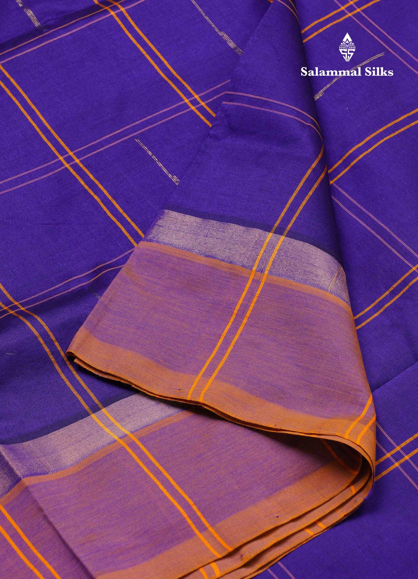 Beautiful Royal Blue Checks And Rain Drops Buttas Semi Silk Cotton Saree With Mango Yellow Border