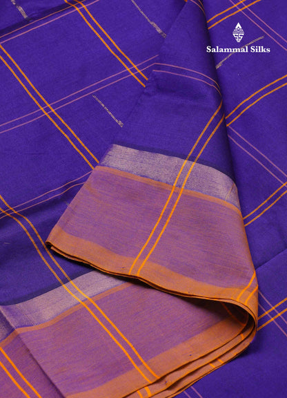Beautiful Royal Blue Checks And Rain Drops Buttas Semi Silk Cotton Saree With Mango Yellow Border