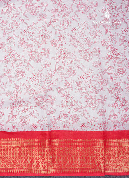 Beautiful White Printed Mahu Silk Fancy Saree With Contrast Chilly Red Border