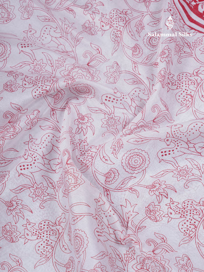 Beautiful White Printed Mahu Silk Fancy Saree With Contrast Chilly Red Border