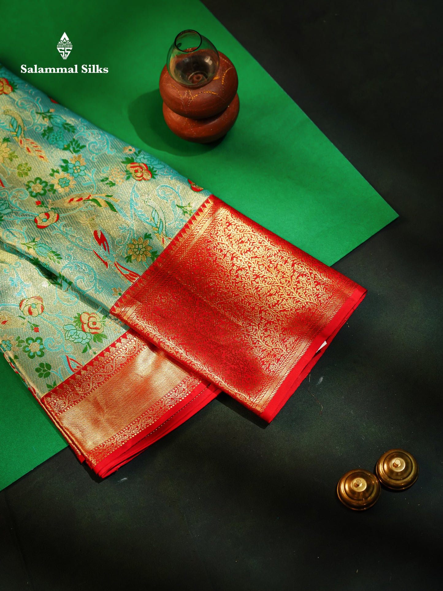 Pastel Blue Tissue Bridal Pure Kanjivaram Silk Saree With Contrast Red Border
