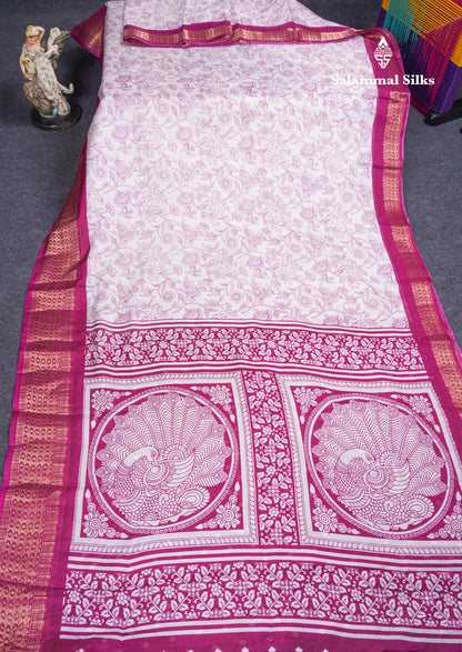 Beautiful White Printed Mahu Silk Fancy Saree With Contrast Chilly Red Border