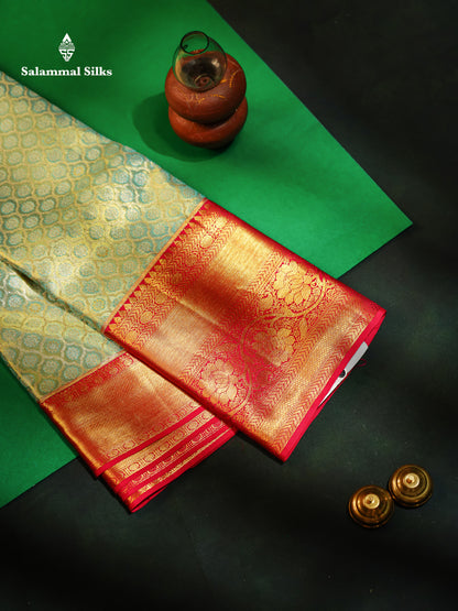 Beautiful Light Rexona Tissue Bridal Pure Kanjivaram Silk Saree With Contrast Pink Traditional Evening Morning Border
