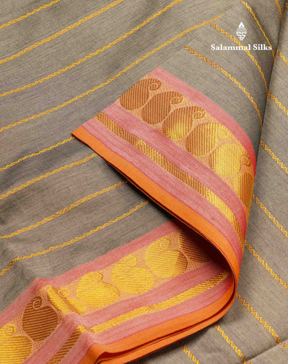Beautiful Grey Zari Lines Semi Silk Cotton Saree With Pink Border