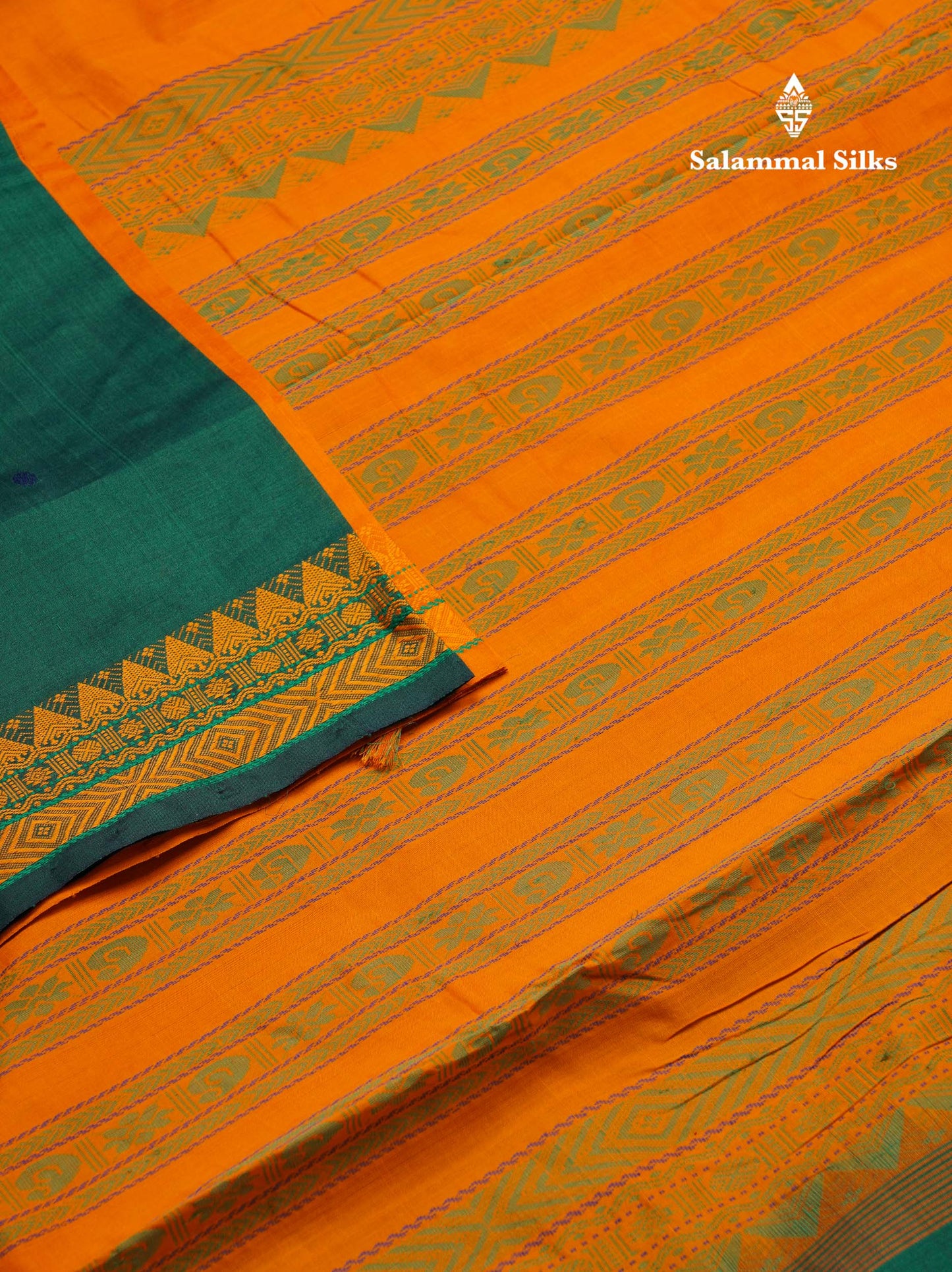 Beautiful Bottle Green Thread Buttas Semi Silk Cotton Saree With Yellow Thread Border