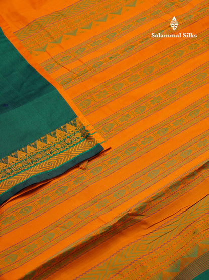 Beautiful Bottle Green Thread Buttas Semi Silk Cotton Saree With Yellow Thread Border