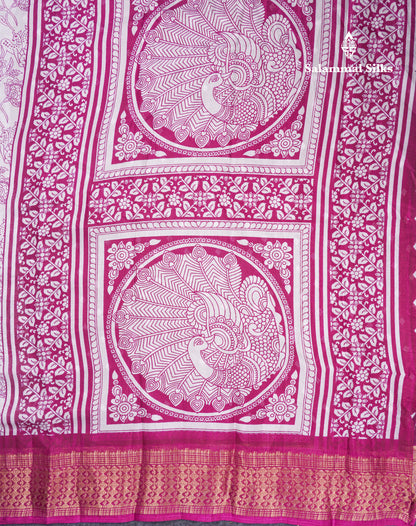 Beautiful White Printed Mahu Silk Fancy Saree With Contrast Chilly Red Border