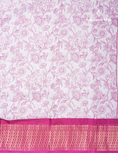 Beautiful White Printed Mahu Silk Fancy Saree With Contrast Chilly Red Border