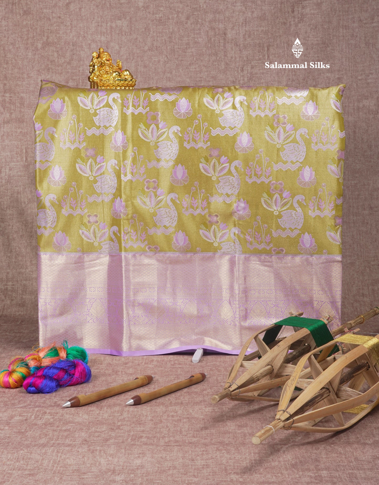 Semi Silk Pattu Pavadai (Olive Mustard Yellow) With Light Lavender Blouse 45 "