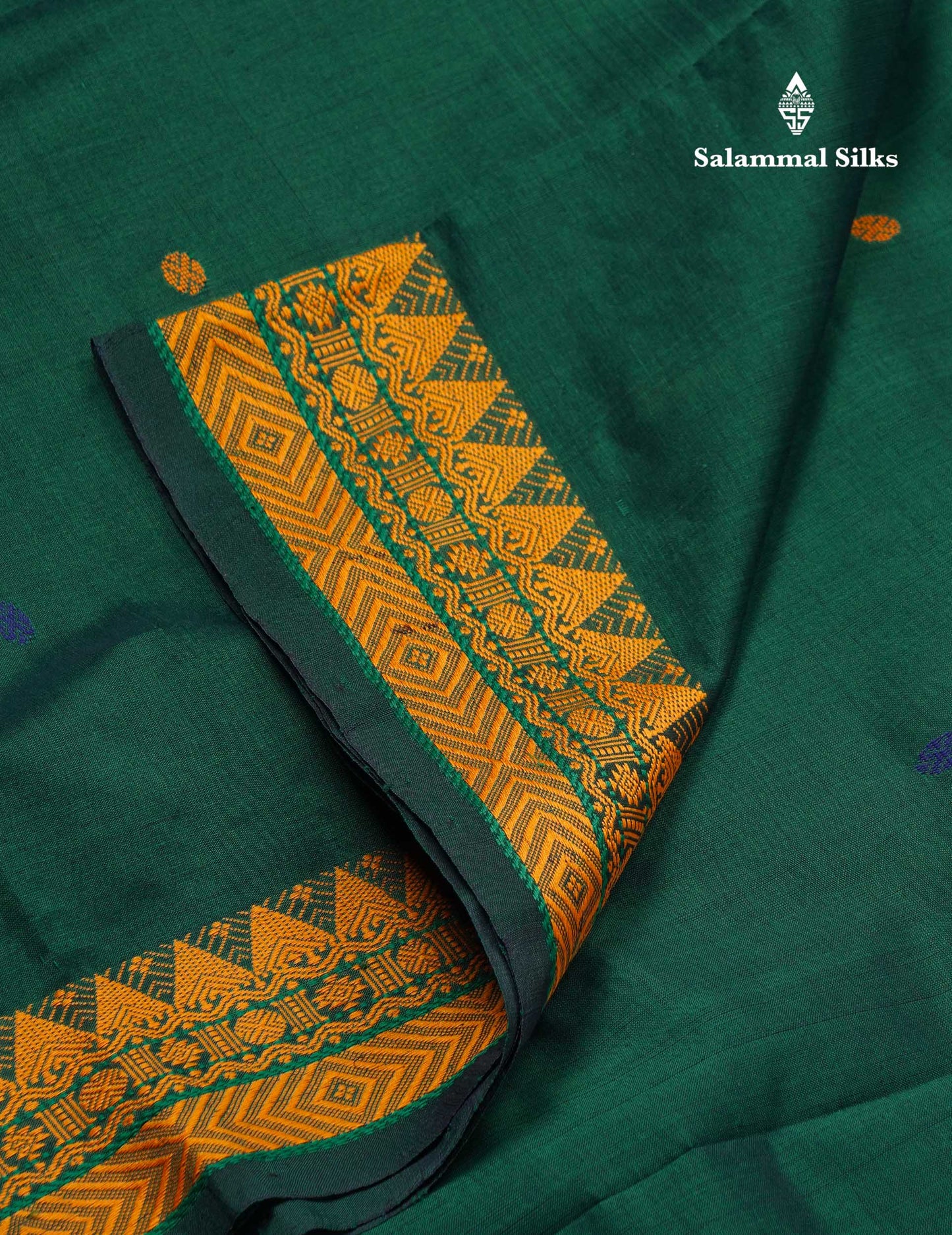 Beautiful Bottle Green Thread Buttas Semi Silk Cotton Saree With Yellow Thread Border