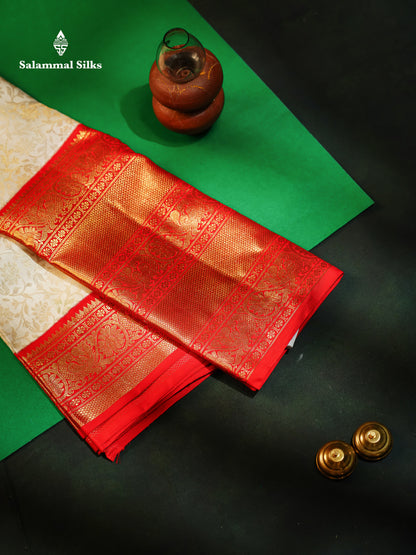 Bridal Korvai White Pure Kanjivaram Silk Saree (2G) Zari With Contrast Long Chilly Red Traditional Border
