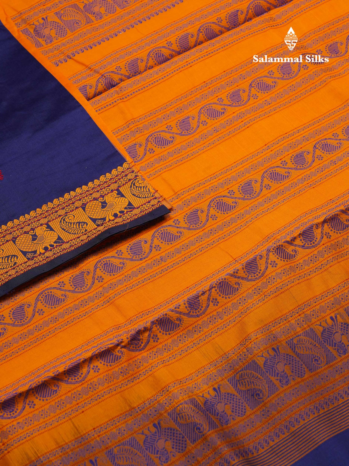 Beautiful Navy Blue Thread Work Buttas Semi Silk Cotton Saree With Mustard Yellow Blouse