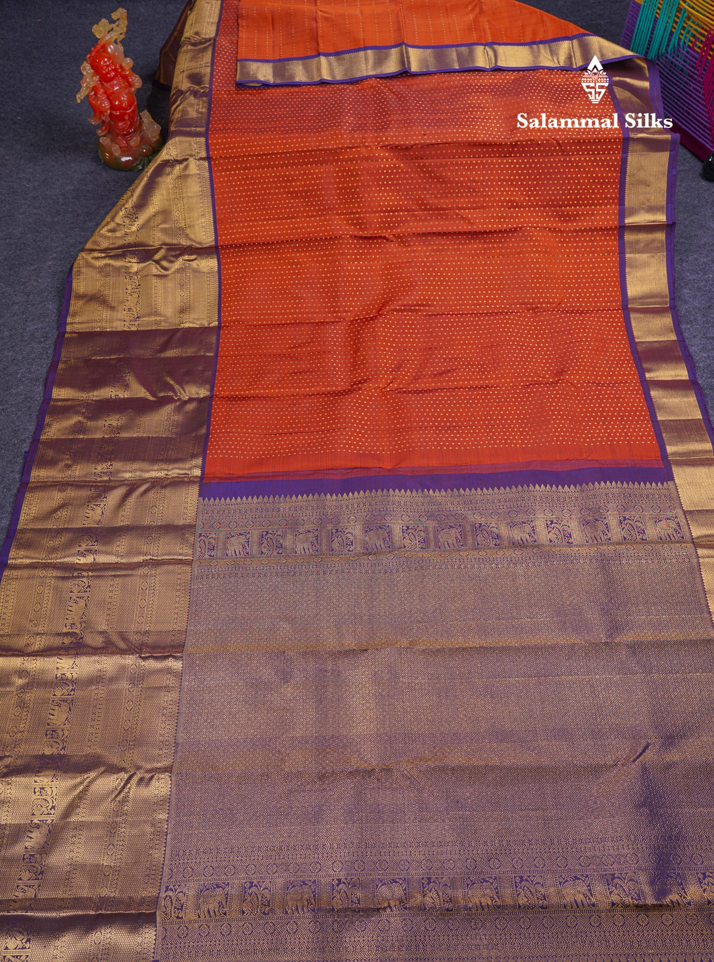 Beautiful Rust Orange Pure Kanjivaram Silk Saree With Contrast Navy Blue Traditional Evening Morning Border