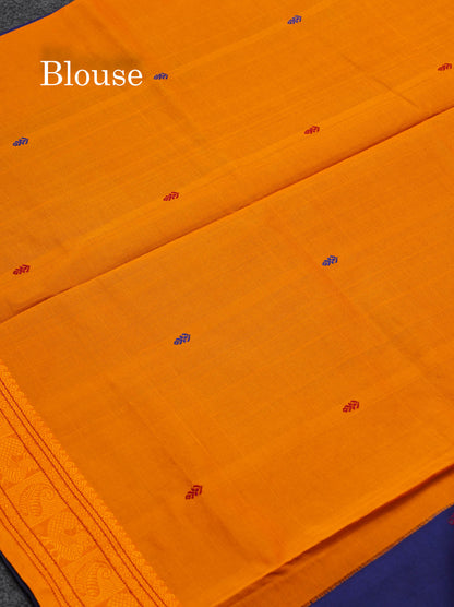 Beautiful Navy Blue Thread Work Buttas Semi Silk Cotton Saree With Mustard Yellow Blouse