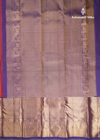 Beautiful Rust Orange Pure Kanjivaram Silk Saree With Contrast Navy Blue Traditional Evening Morning Border