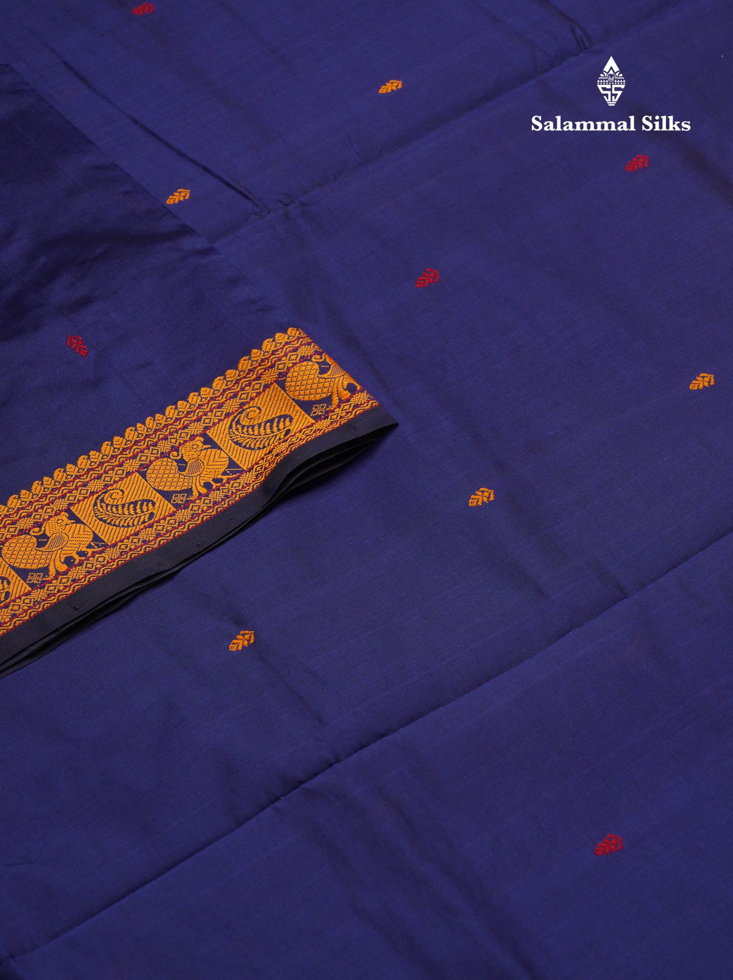 Beautiful Navy Blue Thread Work Buttas Semi Silk Cotton Saree With Mustard Yellow Blouse
