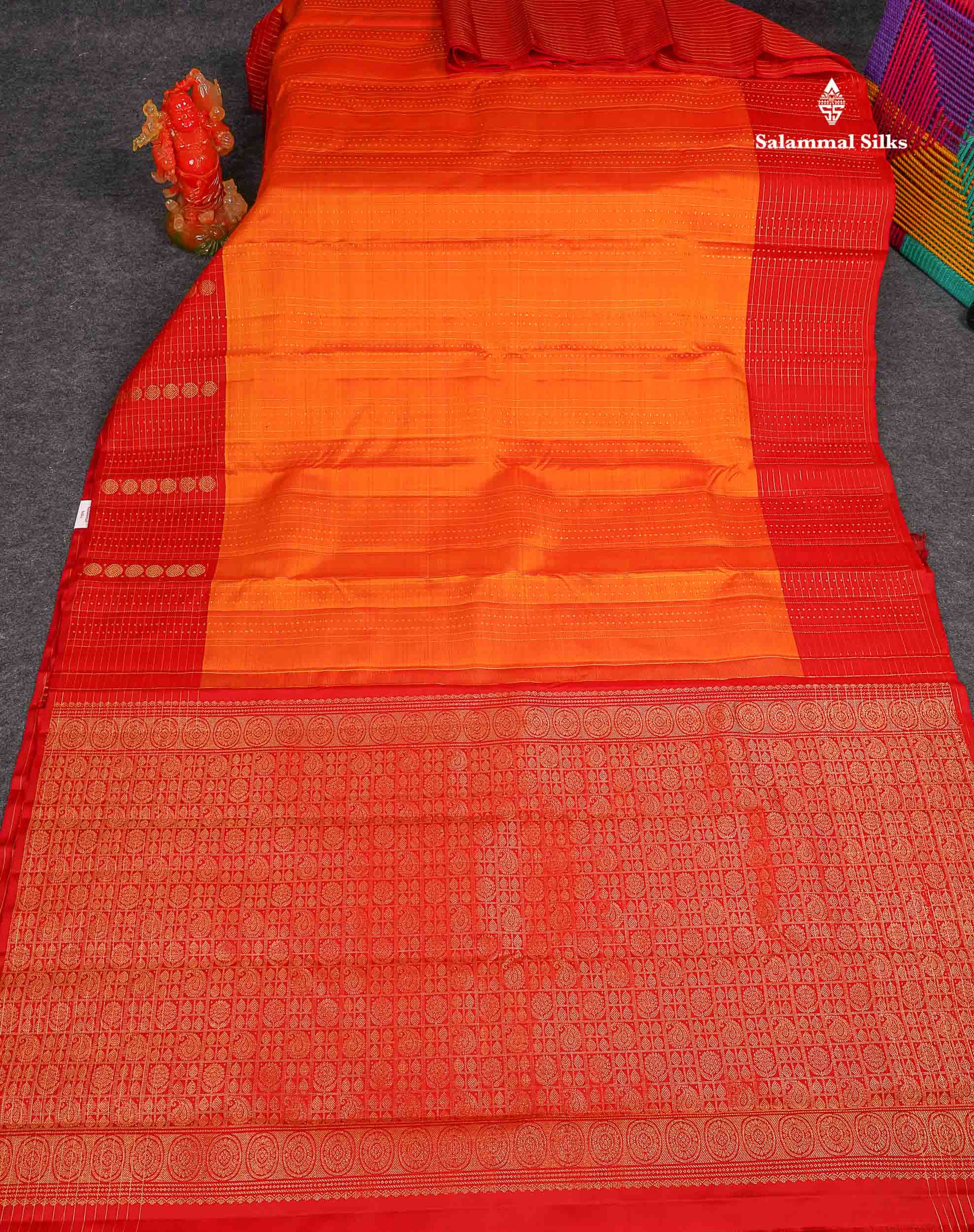 Pure Kanjivaram Silk Saree - Mango Yellow Colour Body stripes With Contrast Red Fancy Border 
