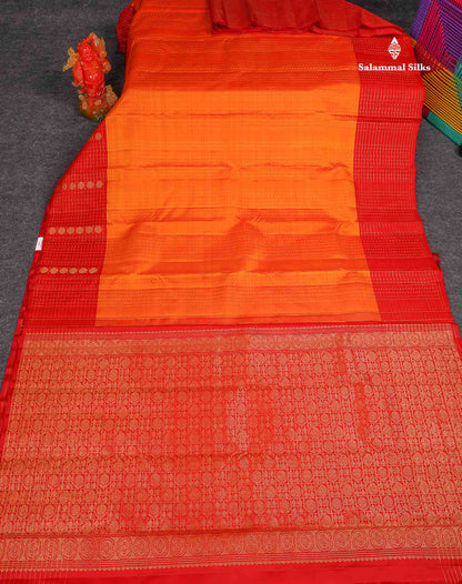 Pure Kanjivaram Silk Saree - Mango Yellow Colour Body stripes With Contrast Red Fancy Border 