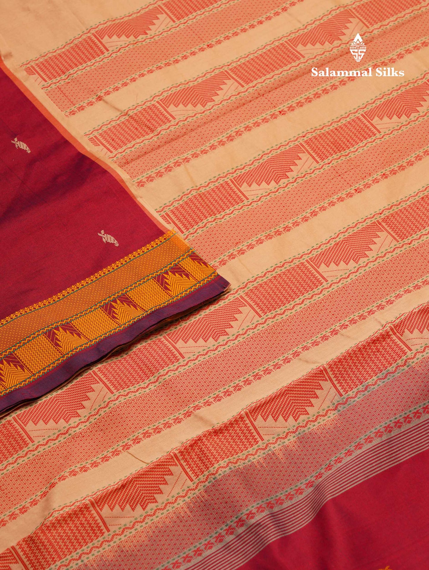 Beautiful Dual Tone Maroon Thread Work Buttas Semi Silk Cotton Saree With Yellow Thread Border