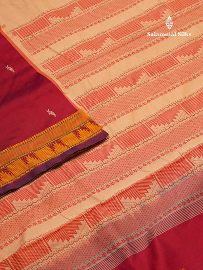 Beautiful Dual Tone Maroon Thread Work Buttas Semi Silk Cotton Saree With Yellow Thread Border